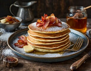 Top view, A plate of fluffy buttermilk pancakes, stacked high and topped with butter, maple syrup, and a sprinkle of powdered sugar, served with a side of crispy bacon.