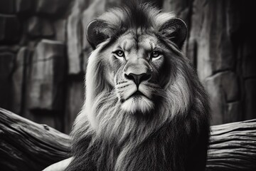 Portrait of a lion in the zoo. Black and white.