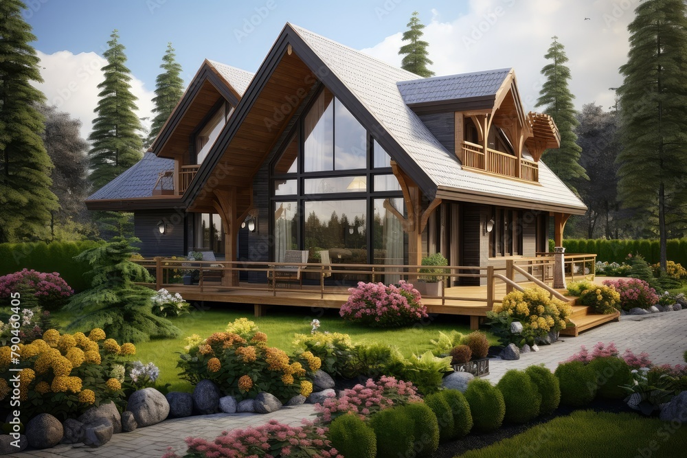 Poster A realistic rendering of a house nestled amidst dense trees and greenery in a forest setting. Generative AI