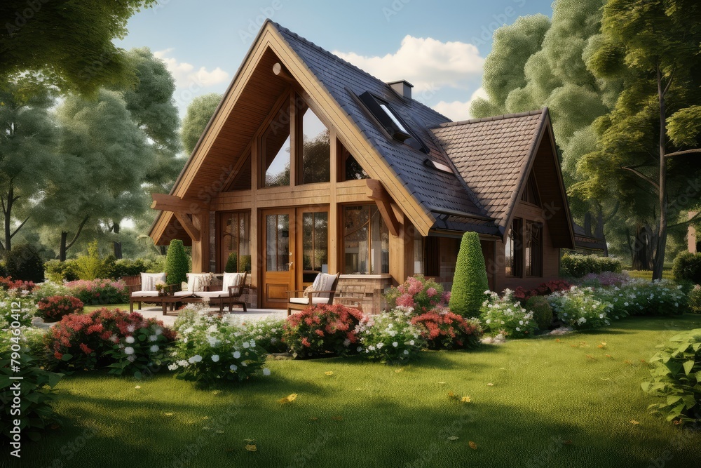 Poster a house positioned in the center of a lush garden, showcasing a serene setting of nature and archite