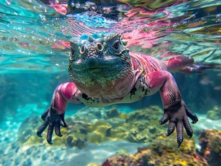 A colorful marine iguana swimming gracefully in crystal-clear waters.