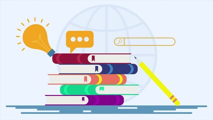 Stack of book with pen, search bar and bubble chat for literature and book reference, knowledge, book library and education concept.