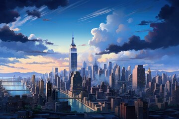 A painting depicting a modern city with towering skyscrapers reaching up towards clouds in the sky....