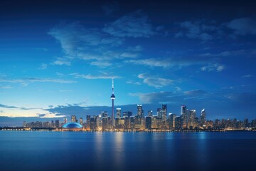 Fototapeta na wymiar The Toronto skyline is illuminated at night, showcasing a modern cityscape with towering buildings and city lights. Generative AI