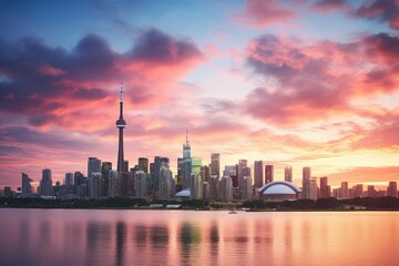 Fototapeta premium A modern city skyline illuminated by the warm hues of sunset, showcasing tall buildings and urban life. Generative AI