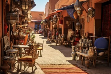 A narrow street in a traditional Muslim city filled with numerous chairs and tables for outdoor dining. Generative AI