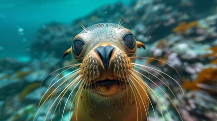 Close-up of a Galapagos sea lion's whiskered face, capturing its curious expression.
