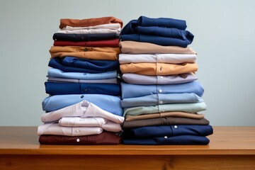 A stack of well-ironed shirts and t-shirts neatly folded on a wooden table. Generative AI