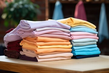 A stack of folded shirts arranged neatly on top of a wooden table. Generative AI