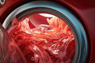 A detailed view of a red washing machine in operation. Generative AI