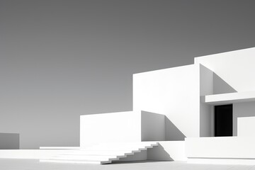 A black and white image showcasing the exterior of a building with stairs leading up to the entrance. Generative AI