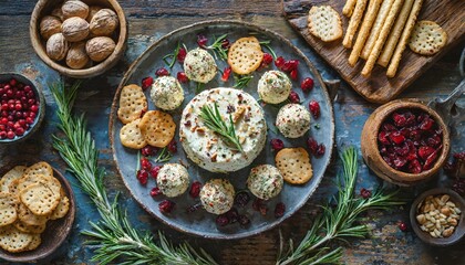 Top view, A festive holiday cheese ball, rolled in chopped nuts and herbs and garnished with dried cranberries and rosemary sprigs, served with an assortment of crackers and breadsticks.