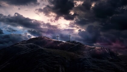 The Christian themed on a background with dramatic at dawn, with a beautiful sea of ​​clouds, dark clouds and sky and sunbeams