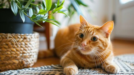 Adorable orange cat next to knocked over indoor plant on rug in residence