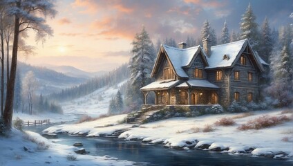 Winter landscape, house in the forest - obrazy, fototapety, plakaty