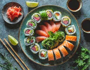 Top view, A platter of colorful sushi rolls, featuring a variety of fillings such as tuna, salmon, avocado, and cucumber, wrapped in seaweed and rice and sliced into bite-sized pieces.
