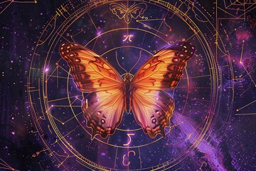 Cosmic orange and purple portrayal of a butterfly through zodiac symbols