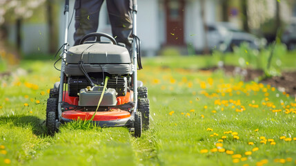 Man mowing the lawn. Lawnmower cutting green grass in backyard, mowing lawn, bokeh and house in background