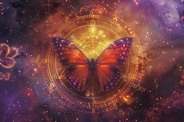 Cosmic orange and purple portrayal of a butterfly through zodiac symbols - obrazy, fototapety, plakaty