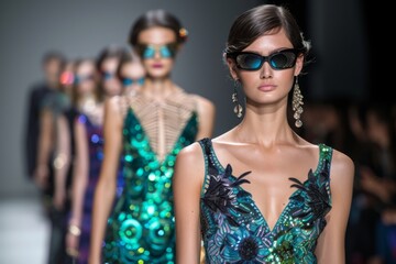 Obraz premium Models in sequined dresses march in formation at a fashion show, exuding elegance and style.