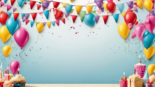 Birthday party background frame with flags and balloons, motion