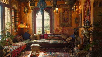 Warm bohemian interior with intricate patterns and vibrant textiles