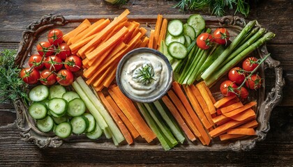 Top view, A tray of colorful vegetable crudités, including carrot sticks, cucumber slices, bell pepper strips, and cherry tomatoes, served with creamy ranch dressing for dipping.