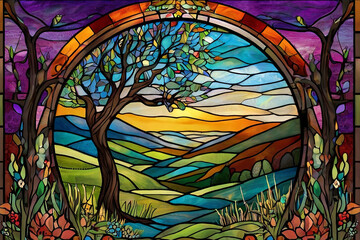 Close-up of a stained glass window with generative AI in the background. Explore the fusion of traditional art and modern technology.
