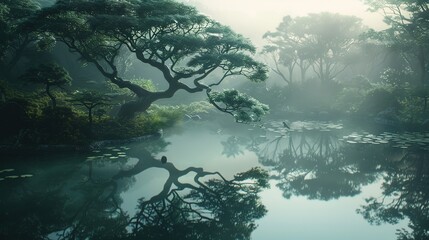 fantasy magical japanese garden with pond and trees, volumetric lights, misty environment