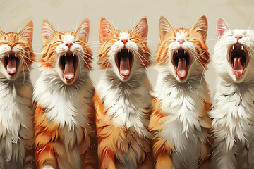 Several different miniature yawning cat sprites. A painted icon of cats. Comic book with a red cat. - obrazy, fototapety, plakaty