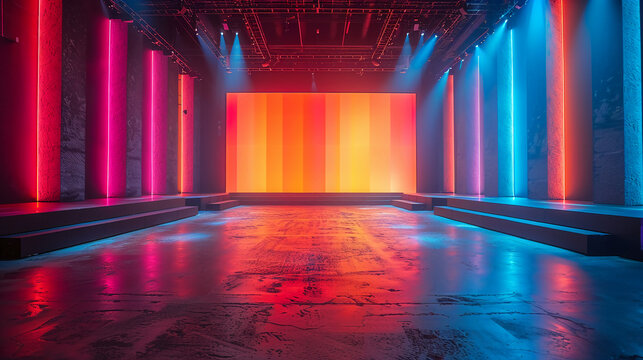 a big screen on a gameshow setting with yellow orange pink and blue purple color for a quiz gameshow --ar 16:9 --stylize 750
