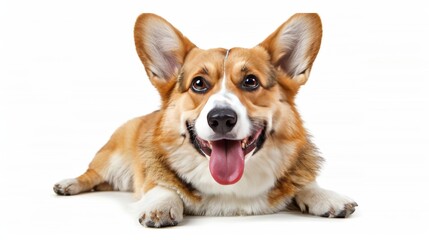 Joyful Corgi dog lying down with a beaming smile and playful attitude on white