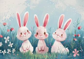 Cute bunnies: adorable bunny art featuring chubby cheeks, expressive eyes. Easter-themed content
