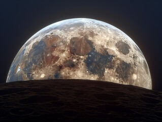 A large, glowing moon is in the sky above a rocky surface. The moon is surrounded by a dark, starry sky