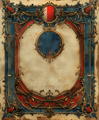 Naklejka premium A blank white illuminated manuscript page with an ornate red, blue and gold frame that is decorated in the style of medieval art nouveau with decorative borders. On top of it is painted a large round 