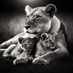 Black and white portrait of a lioness with her cubs.
