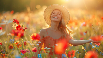 joyful woman dancing in a sunlit meadow