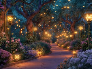 A walkway with lights and trees in the background