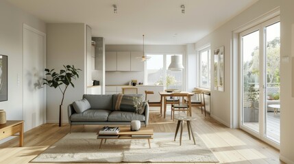 Fototapeta premium Sunny chic apartment living room embracing minimalist design