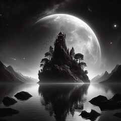 Fantasy landscape with castle, moon and sea. 