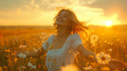 joyful woman dancing in a sunlit meadow