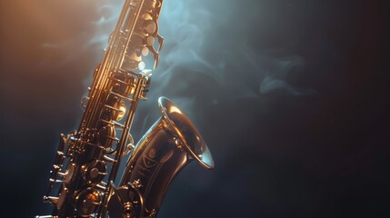 Mystique of jazz: Golden saxophone enveloped in blue smoke on a dark stage