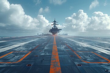 a large military ship is sitting on top of a runway in the ocean - obrazy, fototapety, plakaty
