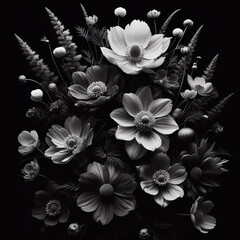 Beautiful bouquet of flowers on a black background, monochrome