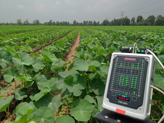 A device is sitting in a field of green plants. The device is a thermometer and it is reading a temperature of 30 degrees - obrazy, fototapety, plakaty