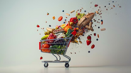 Explosion of fresh groceries and shopping items in a cart symbolizing abundant food choices - obrazy, fototapety, plakaty