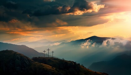 View of the Cross on the hill at sunlight, with a beautiful sea of ​​clouds