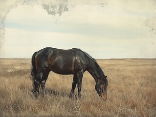A horse is grazing in a field of tall grass. The image has a calm and peaceful mood, as the horse is alone in the vast open space. The grass is dry and brown, giving the scene a sense of solitude