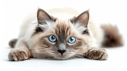 Captivating gaze: Ragdoll cat with striking blue eyes lying down on white background