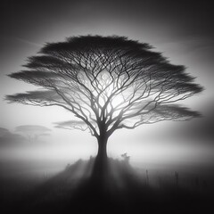Silhouette of a tree in a misty landscape. Black and white image.